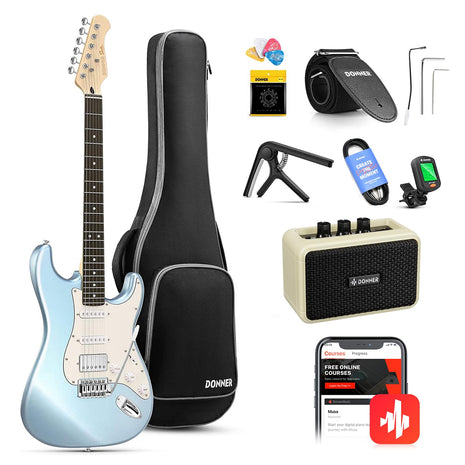 Donner DST 152R Electric Guitar, 39 inch Beginner Electric Guitar Kit, HSS Pickup with Coil Split, Guitar Starter Set with Amp, Bag, All Accessories, Metallic Ice Blue