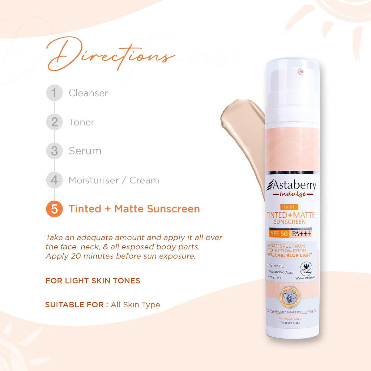 Astaberry Indulge Tinted Matte Sunscreen SPF 50 PA+++ | Broad Spectrum Protection from UVA/B & Blue Light | Suncat DE & No White Cast |Provides a Light Tint - 50g (Light)