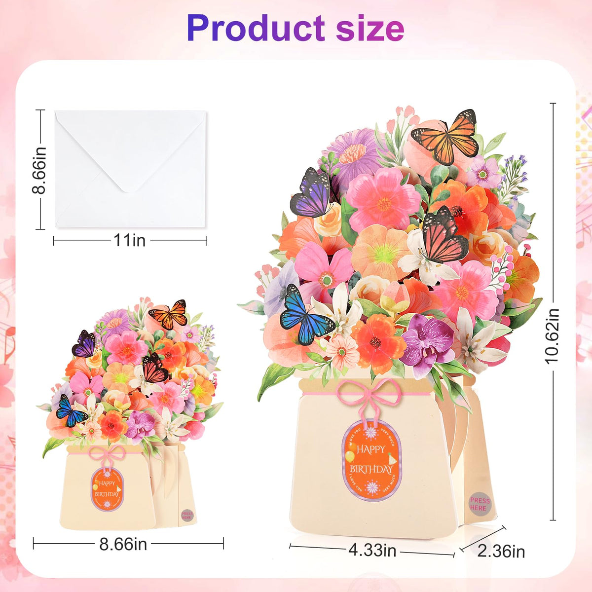 Yinqing Birthday Cards, Light and Music Happy Birthday Card, Lily and Butterflies, 10 Inch Life Sized Forever Flower Bouquet 3D Pop Up Birthday Gift Card for Women Wife Mom Daughter Sister