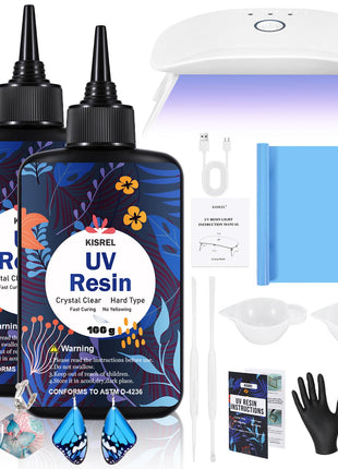 KISREL UV Resin with Light - 200g Upgraded Hard Type Crystal Clear Ultraviolet Curing UV Resin Kit, 8 Lamp Beads UV Light, Resin Kit with Light for Craft Jewelry Making