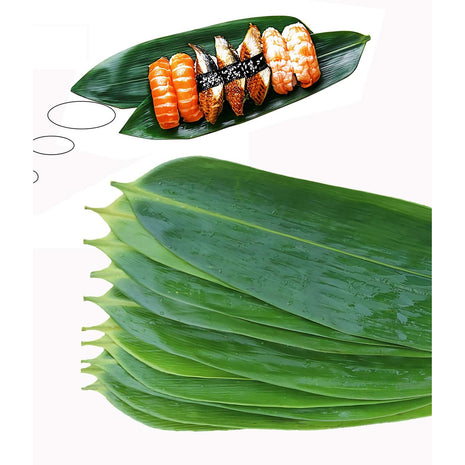 100 pcs Sushi Bamboo Leaf - Banana Leaves Make Zongzi Kit Plate Decorations Holiday Party for cooking (100 pcs, 12 inch L x 3.2 inch W) - Leaves Remains Vaccuum and Fresh