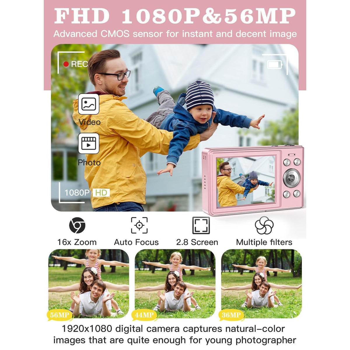 Upgrade Digital Camera, 56MP FHD 1080P Camera for Kids with 16x Zoom Anti Shake, Kid Camera with 32GB TF Card, Two Batteries, Lanyard, Compact Small for Kids Boys Girls（Pink）