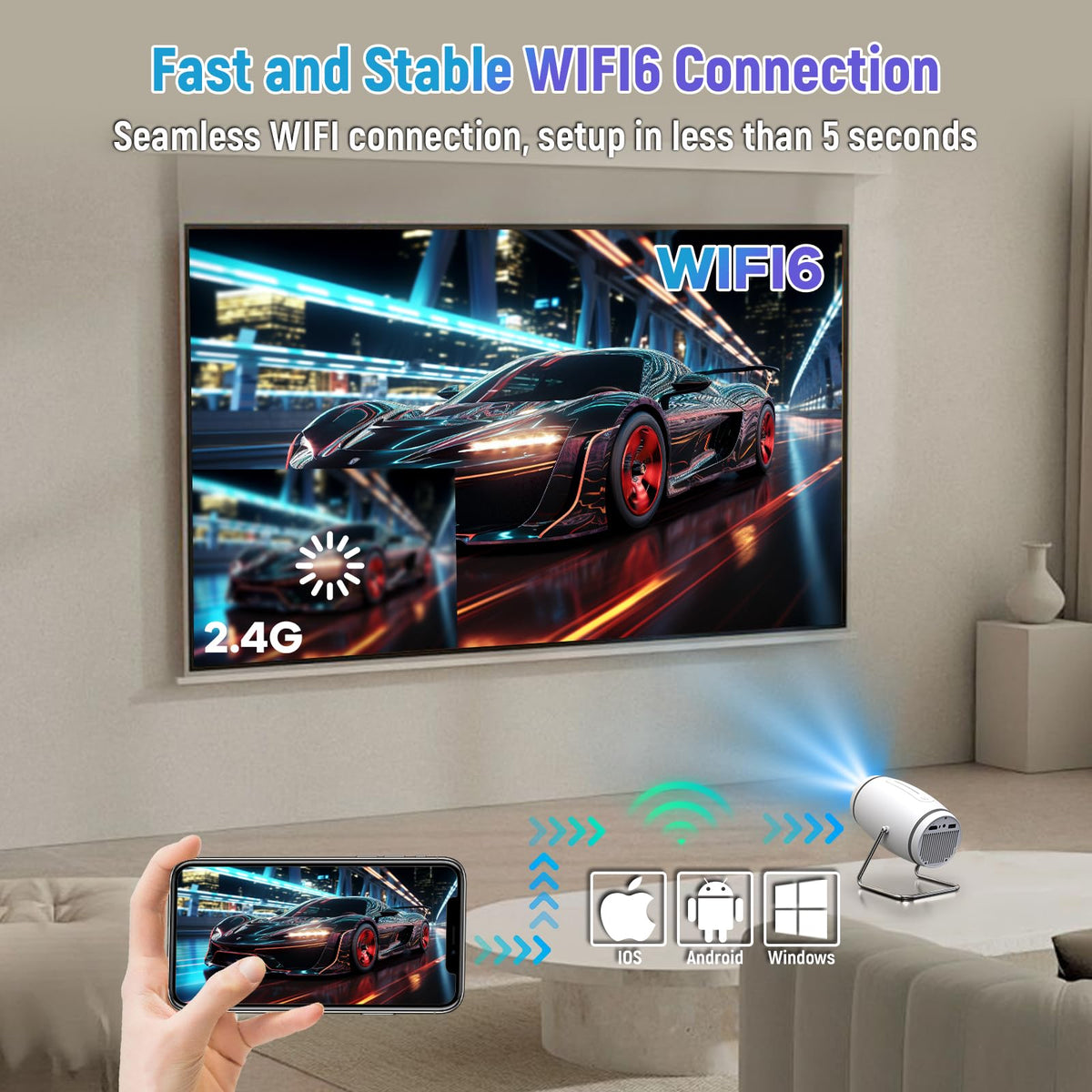 FEARWIKY Mini Portable Movie Projector with WiFi and Bluetooth, 4K 1080P Support, 180° Rotatable 130'' Screen, Auto Keystone Compatible with HDMI/USB/Smartphone/PC/Laptop