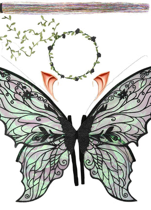 Fairy Wings for Adults, Fairy Costume Set with Floral Garland, Fairy Hair Tinsel, Wand & Elf Ears – 31.5"x21.6" Organza Butterfly Wings – Ideal for Cosplay, Party, Black
