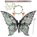 Fairy Wings for Adults and Girls，Fairy Costume Set with Floral Garland, Fairy Hair Tinsel, Wand & Elf Ears – 29 inchx21 inch Organza Butterfly Wings – Ideal for Cosplay, Party, Black