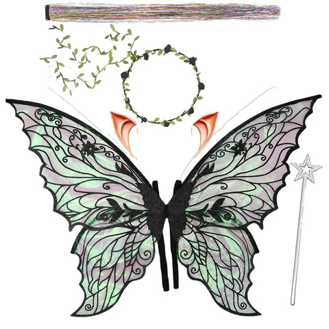 Fairy Wings for Adults and Girls，Fairy Costume Set with Floral Garland, Fairy Hair Tinsel, Wand & Elf Ears – 29 inchx21 inch Organza Butterfly Wings – Ideal for Cosplay, Party, Black