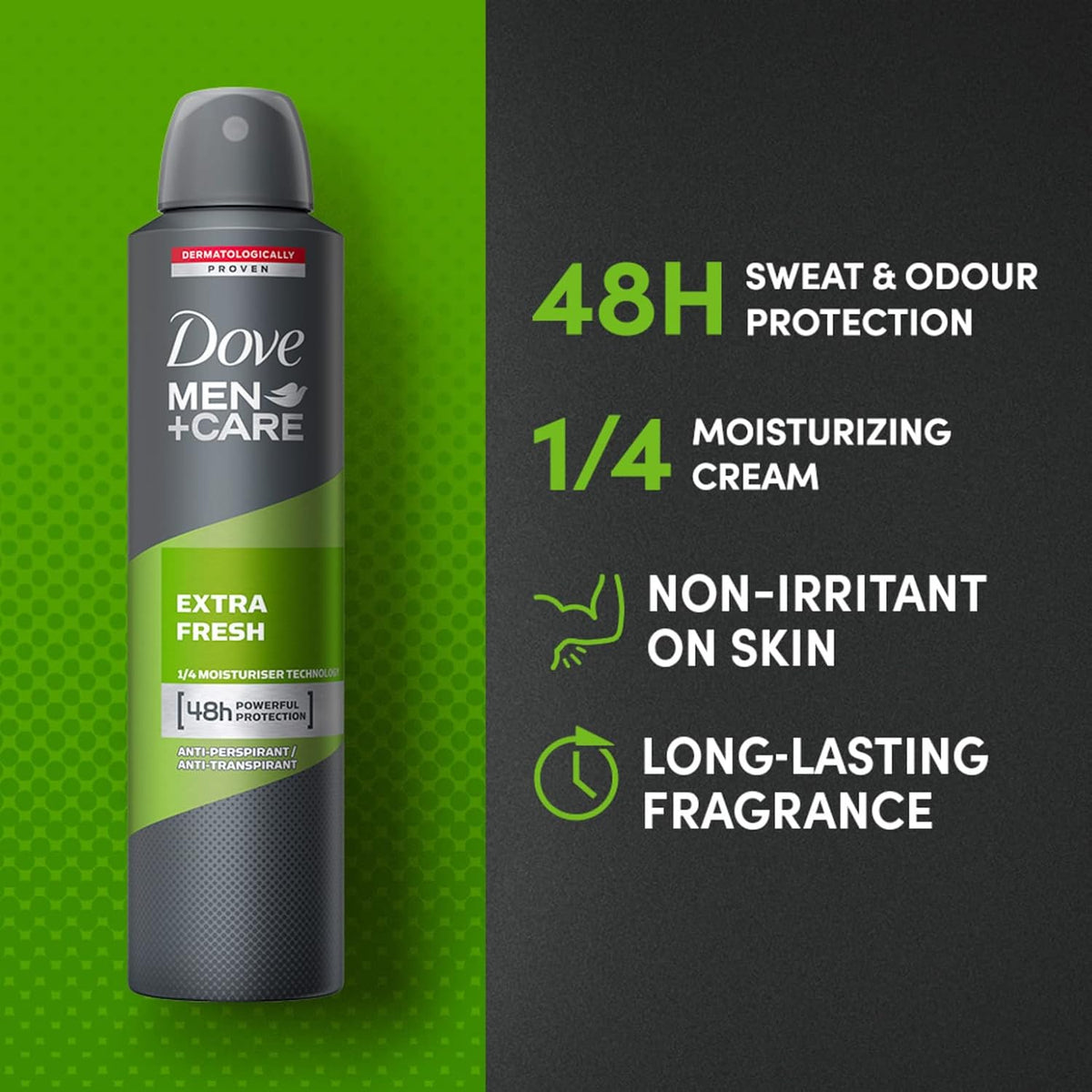 Unilever Dove Men+care Extra Fresh Dry Spray Antiperspirant Aerosol Deodorant, Up to 48 Hrs Protection From Sweat & Odour, Soothes & Moisturises Skin, Long-lasting Refreshing Citrus Scent, 250ml