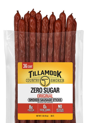 Tillamook Country Smoker Smoked Sausage, Zero Sugar, Original, 16 Ounce (36 Count Meat Sticks Bulk Pack) Real Hardwood Smoked Sausages, Low Carb, High Protein Ready to Eat Keto Snack