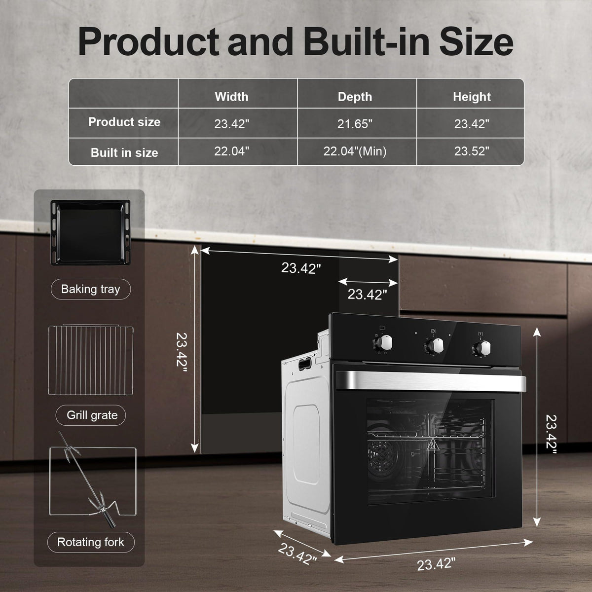 Wall Ovens 24 inch Electric,Built-in Single Wall Ovens, Convection Wall Oven with Rotisserie, 8 Cooking Functions,2900W,240V,2.15Cu.f Mechanical Knobs Control, Black Tempered Glass Finish