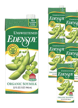 Edensoy Unsweetened Eden Organic Soymilk, Non-GMO, USA Whole Soy (Soya) Milk, Non-Dairy, Vegan, Plain, Shelf Stable, 32 oz (6-Pack)