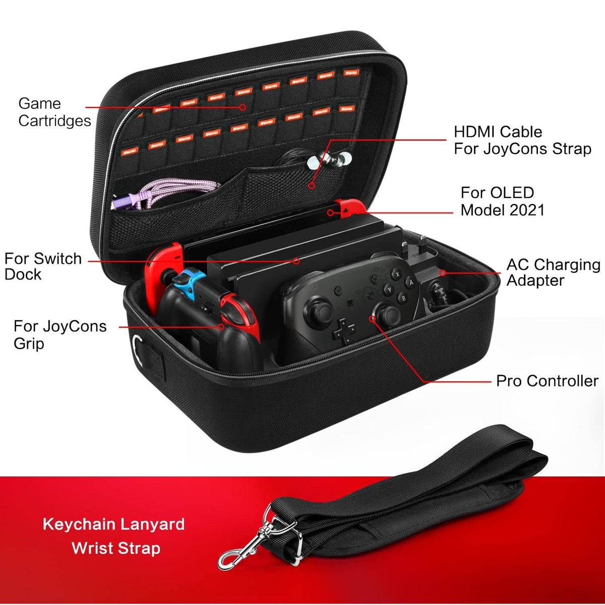 ivoler Carrying Storage Case for Nintendo Switch/For Switch OLED Model (2021),Portable Travel All Protective Hard Messenger Bag Soft Lining 18Games for Switch Console Pro Controller Accessories Black