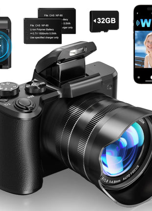 8K Digital Cameras for Photography - Autofocus 88MP WiFi Vlogging Camera for YouTube with Dual-Lens - 16X Digital Zoom Vlog Camera with Lens Hood, Flash, Touch Screen, 2 Batteries, 32GB TF Card