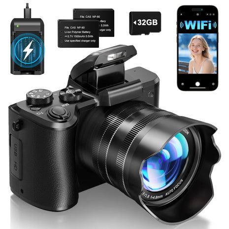8K Digital Cameras for Photography - Autofocus 88MP WiFi Vlogging Camera for YouTube with Dual-Lens - 16X Digital Zoom Vlog Camera with Lens Hood, Flash, Touch Screen, 2 Batteries, 32GB TF Card