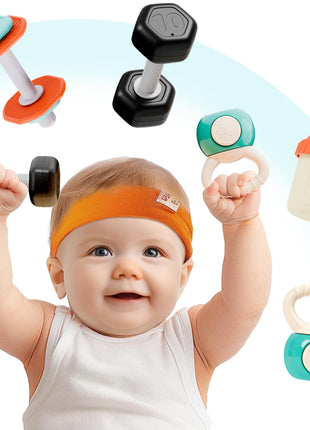 iPlay, iLearn Baby First Gym Rattle Set, Infant Dumbbell Weights Teething Rattles 3-6-12 Month, Newborn Workout Sensory Stroller Toy, Babies Birthday Shower Gift 5 7 8 9 10 Month Toddler Boy Girl-4PCS
