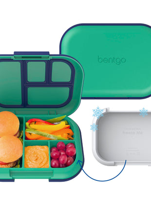 Bentgo Chill Kids 4-Compartment Bento Box Leakproof Lunch Box | Built-In Ice Pack, 3.3 Cup Capacity, BPA-Free, Microwave & Dishwasher Safe Tray, Ideal for Ages 3–7 (Green/Navy)