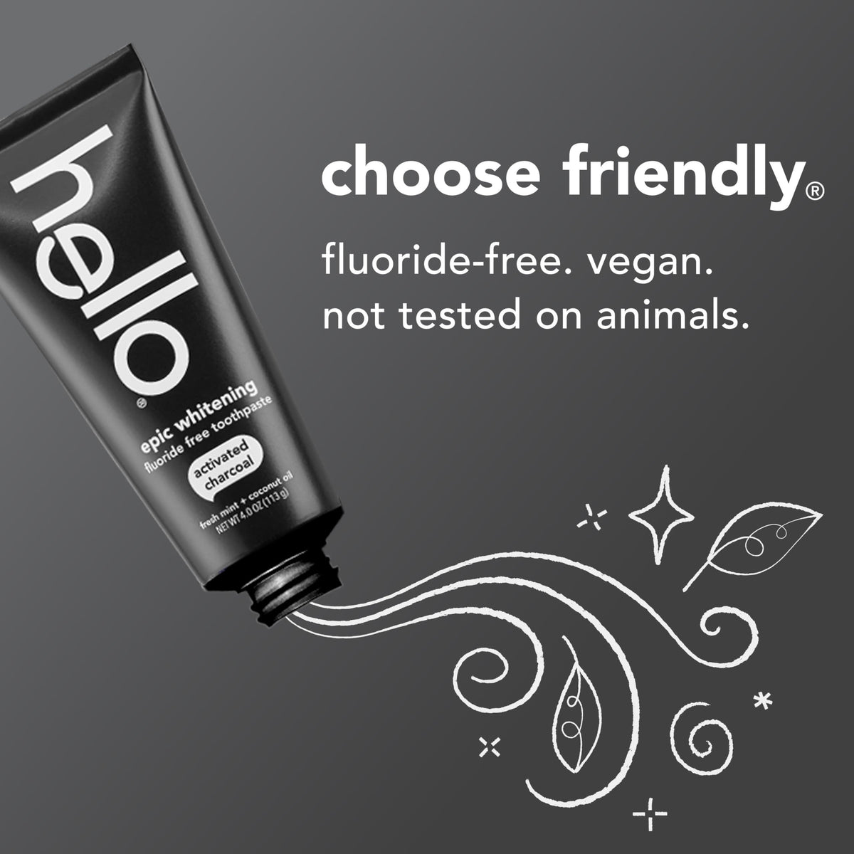 hello Epic Whitening Charcoal Fluoride Free Toothpaste, Activated Charcoal Toothpaste with Coconut Oil, Whitens Teeth Naturally, SLS Free, Fresh Mint, 4.0 Oz Tube