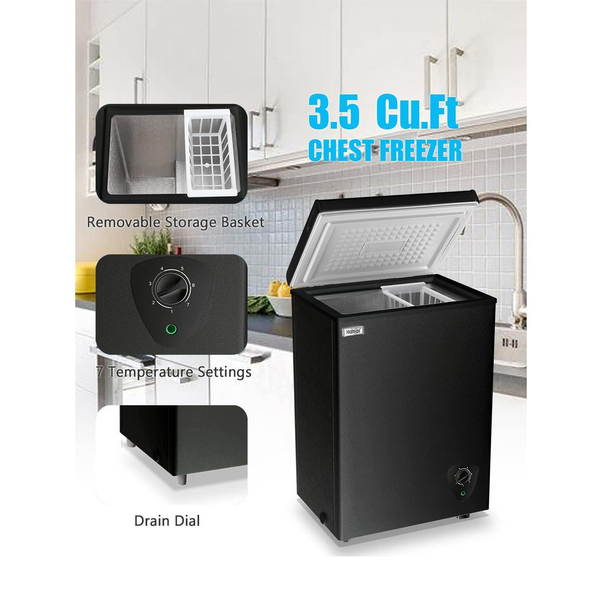 WANAI Chest Freezers 3.5 Cu.Ft Compact Mini Freezer Free-standing Top Door Room Dorm Office Garage Freezer with 7 Adjustable Temp Control Removable Basket for Apartment Basement Business