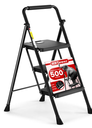 HBTower Step Ladder, Folding Step Stool with Wide Anti-Slip Pedal, Sturdy Steel Ladder, Convenient Handrail, Lightweight, Portable Steel Step Stool