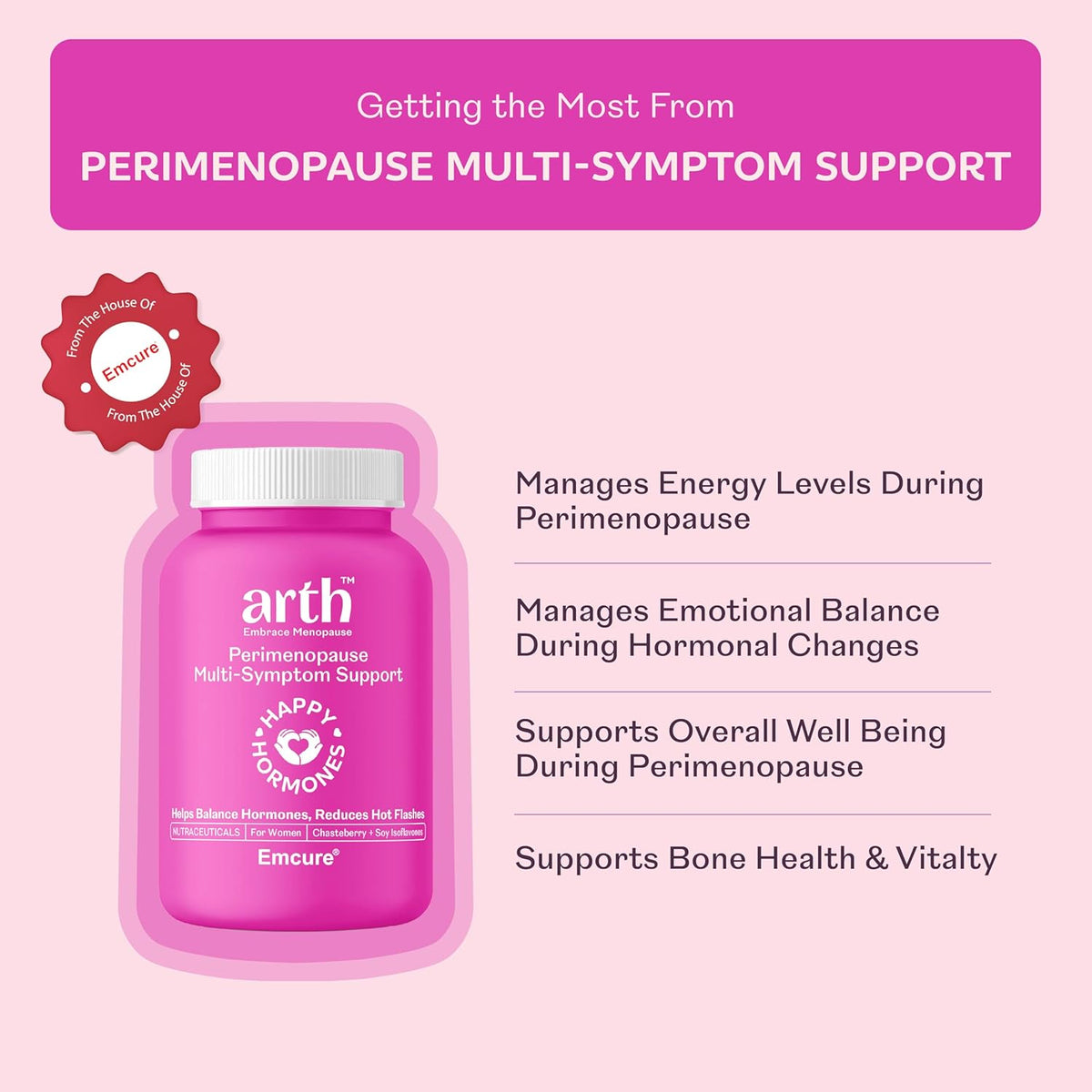 Arth Perimenopause Support | Helps reduce Hot flashes, Improves Harmonal balance | Ashwangandha, Chasteberry, Soy Isoflavones | Emcure Pharmaceuticals Ltd. | 30 Veg Capsules