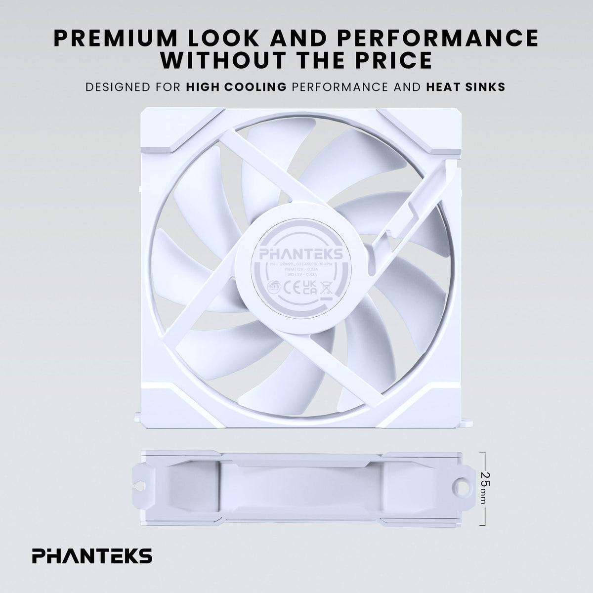 Phanteks M25-120 Gen2 Reversed Blade, 120mm ARGB High Performance Cooling Fans, Daisy-Chain Unified Fan Frame, Infinity Mirror hub, Single Cable Connection, White