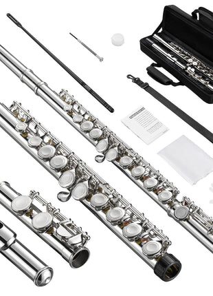 POGOLAB Flutes, Closed Hole C 16 Keys Flute Instrument, Student Flute for Beginner Advanced Player, with Cleaning Kit, Carry Bag, Strap, Probe Rod, Gloves (Nickel)