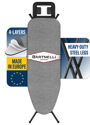 Bartnelli by Rorets Ironing Board Made in Europe | Iron Board with 4 Layered Cover & Pad, Height Adjustable up to 36" Features A Safety Iron Rest, 4 Steel Legs, for Laundry Room or Dorm Use (43x13)