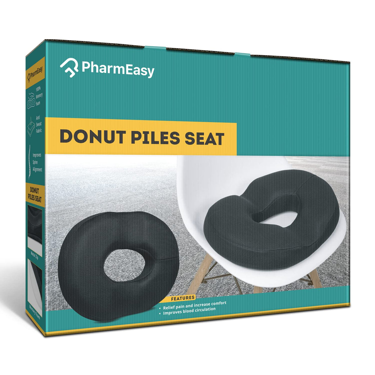 PharmEasy Essentials Premium Orthopaedic Coccyx Donut Piles Pillow Seat Cushion for Lower Back Pain, Sciatica, Tailbone, Lumbar Pain Relief (17" x 14" x 2.5) Black