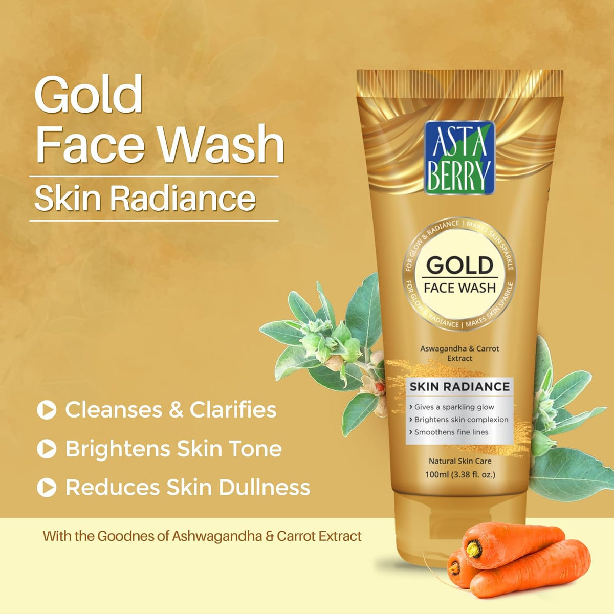 ASTABERRY Gold Face Wash for Skin Radiance - With Ashwagandha & Carrot Extract | Gives a sparkling glow | Brightens skin Tone - (Pack of 2 (100ml X 2))