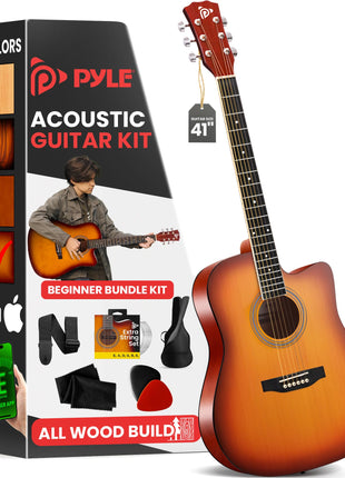 Pyle Steel String Acoustic Guitar Kit, 4/4 Full Size Cutaway All-Wood Guitarra Acustica with Premium Accessory Set and Upgraded Gig Bag, 41" Cherry Burst Glossy
