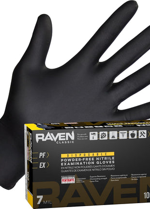 Raven Powder Free Nitrile Disposable Gloves | 7 Mil | Latex Free, Chemical + Puncture Resistant, Single Use |
