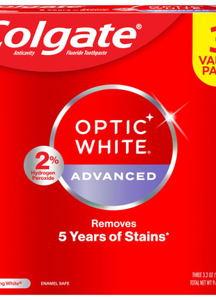Colgate Optic White Advanced Teeth Whitening Toothpaste, 2% Hydrogen Peroxide Toothpaste, Sparkling White, 3.2 Oz, 3 Pack