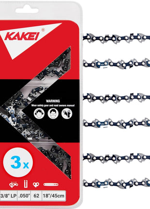 KAKEI 18 Inch Chainsaw Chain 3/8 inch LP Pitch .050 inch Gauge 62 Drive Links Fits Poulan, Kobalt, Echo, Ego, Greenworks and More- S62 (3 Chains) - Semi Chisel