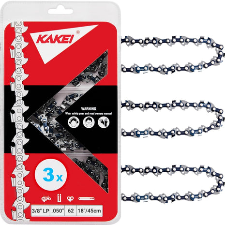 KAKEI 18 Inch Chainsaw Chain 3/8 inch LP Pitch .050 inch Gauge 62 Drive Links Fits Poulan, Kobalt, Echo, Ego, Greenworks and More- S62 (3 Chains) - Semi Chisel