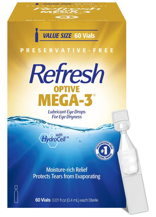 REFRESH OPTIVE MEGA-3 Lubricant Eye Drops Preservative-Free Artificial Tears, 0.01 fl oz (0.4 mL), 60 Single-Use Containers