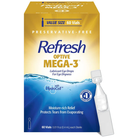 REFRESH OPTIVE MEGA-3 Lubricant Eye Drops Preservative-Free Artificial Tears, 0.01 fl oz (0.4 mL), 60 Single-Use Containers