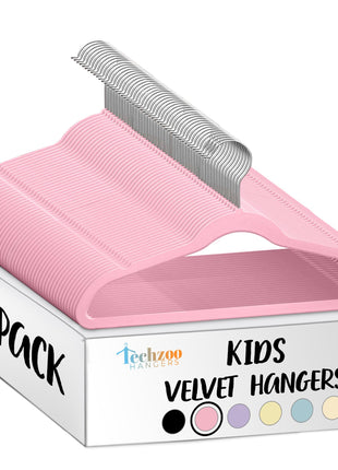 TechZoo 50 Premium Kids Velvet Hangers - 14" Non-Slip Clothes Hangers for Kids & Preteens - Ultra Slim, Space-Saving, Strong & Durable Hangers with 360° Swivel Hook - Pink