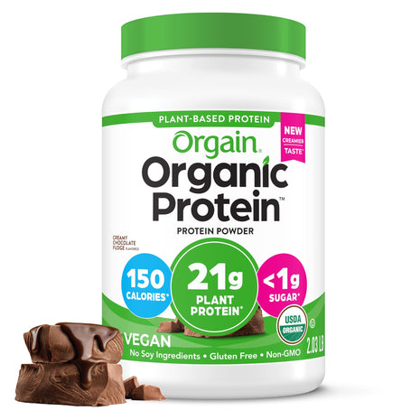 Orgain Organic Vegan Protein Powder, Creamy Chocolate Fudge   21g Plant Protein, 6g Prebiotic Fiber, Low Net Carb, No Lactose Ingredients, No Added Sugar, Non GMO, For Shakes & Smoothies, 2.03 lb