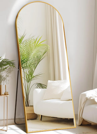 Sweetcrispy 64"x21" Arched Full Length Mirror, Standing or Leaning Full Body Mirror with Aluminum Alloy Thin Frame, Suitable for Bedroom or Cloakroom,Gold