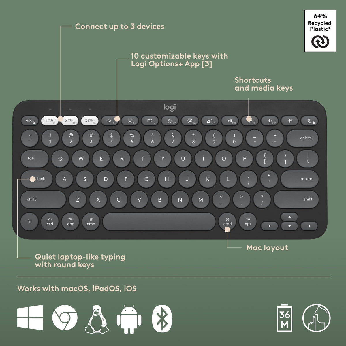 Logitech Pebble 2 Combo for Mac, Wireless Keyboard and Mouse, Slim, Quiet and Portable, Customizable, Bluetooth Mouse and Keyboard, Easy-Switch, for macOS, iPadOS - Tonal Graphite