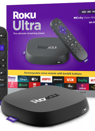 Roku Ultra - Ultimate Streaming Player - 4K Streaming Device for TV with HDR10+, Dolby Vision & Atmos - Bluetooth & Wi-Fi 6 - Rechargeable Voice Remote Pro with Backlit Buttons - Free & Live TV
