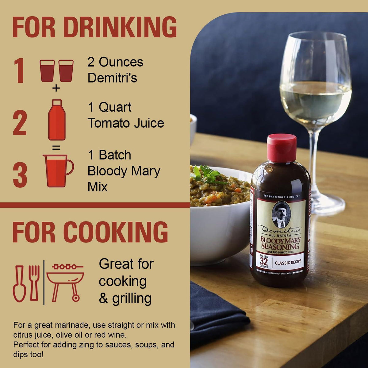 Demitri's Bloody Mary Seasoning Classic Recipe - Bloody Mary Mix - Concentrated Drink Mixer - Bold Rich Flavor - Perfect for Home Brunch Parties & Cocktails - 8oz Bottle (Pack of 1)
