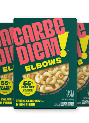 Carbe Diem!, Elbows, Lower Net Carb Pasta with Traditional Flavor & Texture, 8 grams of Protein, 55% Fewer Net Carbs & Only 110 Calories Per Serving, Pack of 3