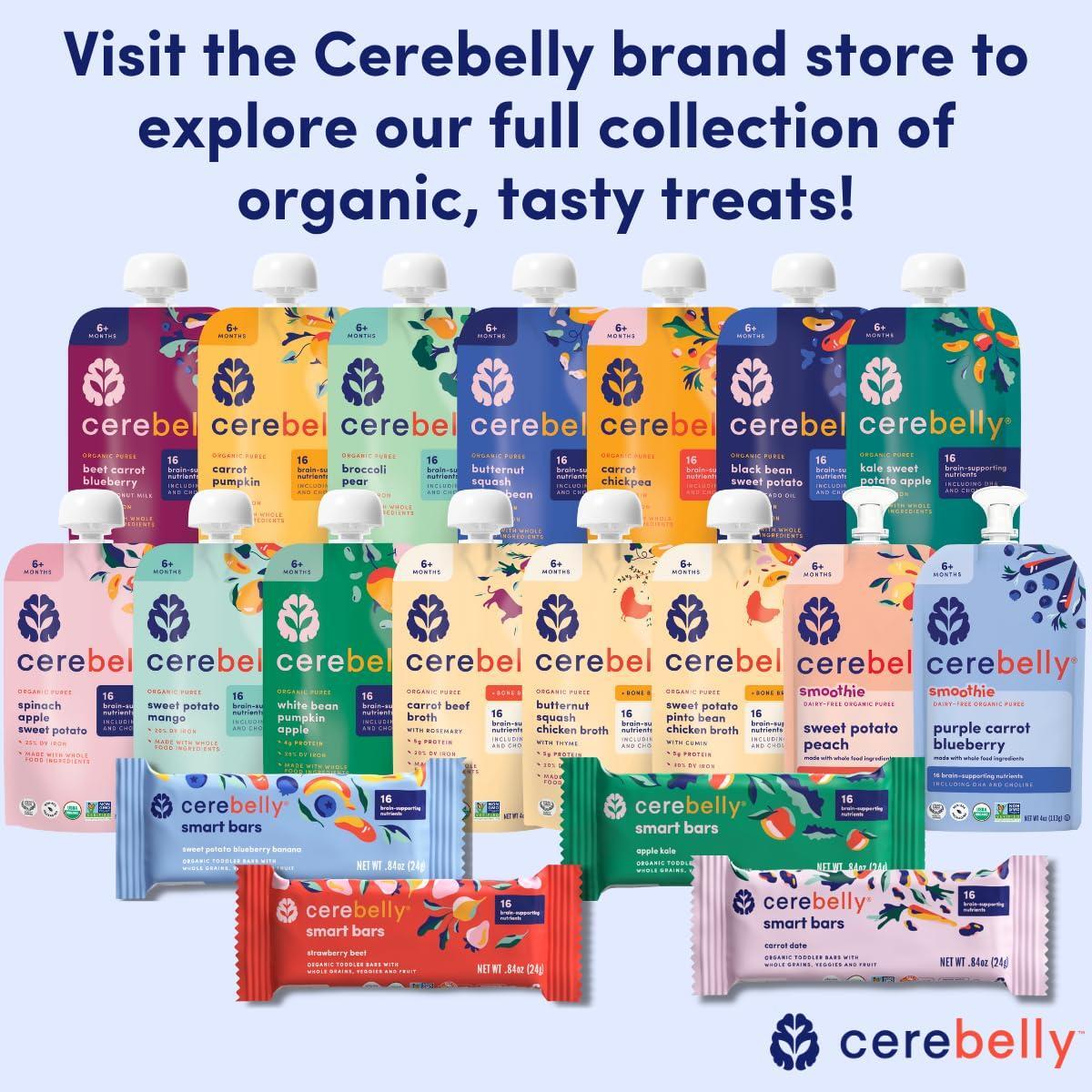 Cerebelly Organic Baby Food Pouches Variety Pack – Organic Veggie Purees for Toddlers | No Added Sugar, Fiber, Non-GMO | Blended Toddler Pouches | 4 Ounce BPA-Free Pouch | 4 Flavors | 8 Count