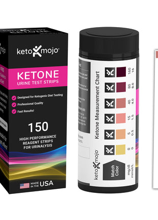 Keto-MOJO Ketone Urine Test Strips, 150ct, Keto & Low-Carb Diet | 150 strips · Extra-long for easy sampling · App + keto eBook included · Ketogenic low-carb fasting diets