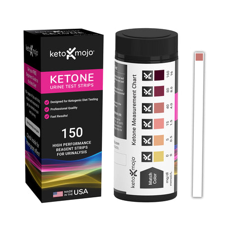 Keto-MOJO Ketone Urine Test Strips, 150ct, Keto & Low-Carb Diet | 150 strips · Extra-long for easy sampling · App + keto eBook included · Ketogenic low-carb fasting diets