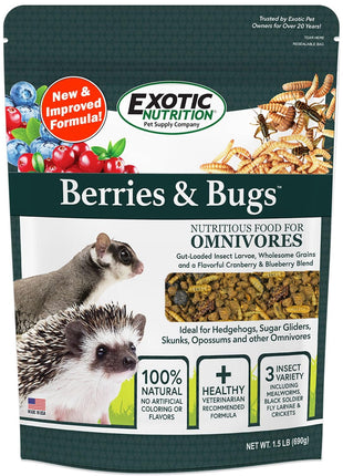 Berries & Bugs 1.5 lb - All Natural High Protein High Fiber Food for Hedgehogs, Skunks, Opossums, Sugar Gliders - Universal Insectivore Diet with Fruit, Gut-Loaded Insects, & Healthy Vitamins