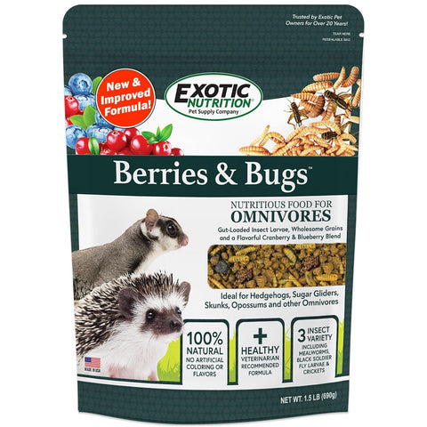 Berries & Bugs 1.5 lb - All Natural High Protein High Fiber Food for Hedgehogs, Skunks, Opossums, Sugar Gliders - Universal Insectivore Diet with Fruit, Gut-Loaded Insects, & Healthy Vitamins
