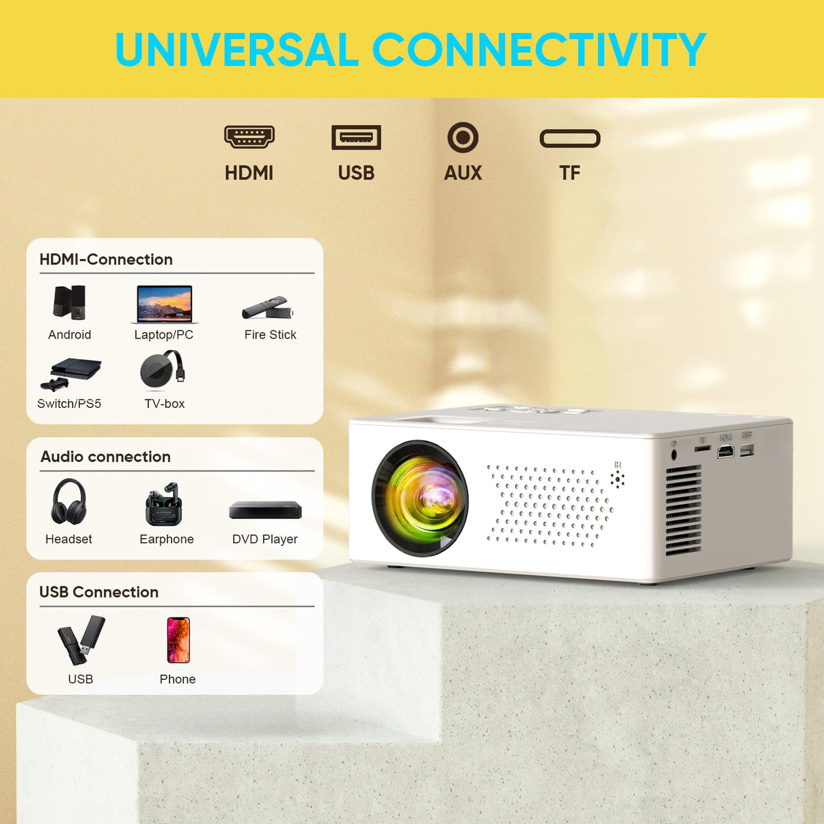 PURSHE Mini Bluetooth Projector, Full HD 1080P Supported Portable Outdoor Movie Projector for iOS, Android, Windows, Compatible with TV Stick/HDMI/Smartphone/PS4/USB [Remote Included]
