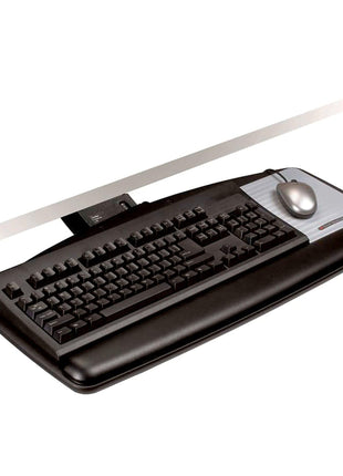 3M Sit/Stand Easy Adjust Keyboard Tray, 25.5 in. x 12 in. Wood Platform, 23 in. Track, Black, Wrist Rest and Mouse Pad