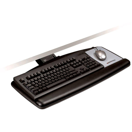 3M Sit/Stand Easy Adjust Keyboard Tray, 25.5 in. x 12 in. Wood Platform, 23 in. Track, Black, Wrist Rest and Mouse Pad